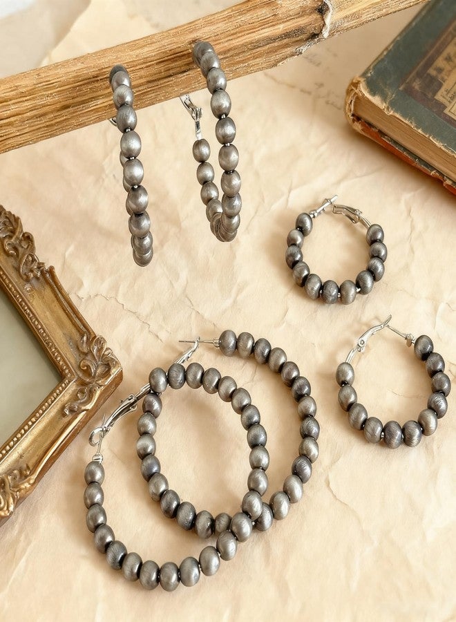 YLZZMDQSZ 3 Pairs Navajo Pearl Hoop Earrings, Western Cowgirl Jewelry for Women, Vintage Beaded Hoops Navajo Pearl Earrings with 3 Sizes, Country Concert Gifts for Women - Image 2